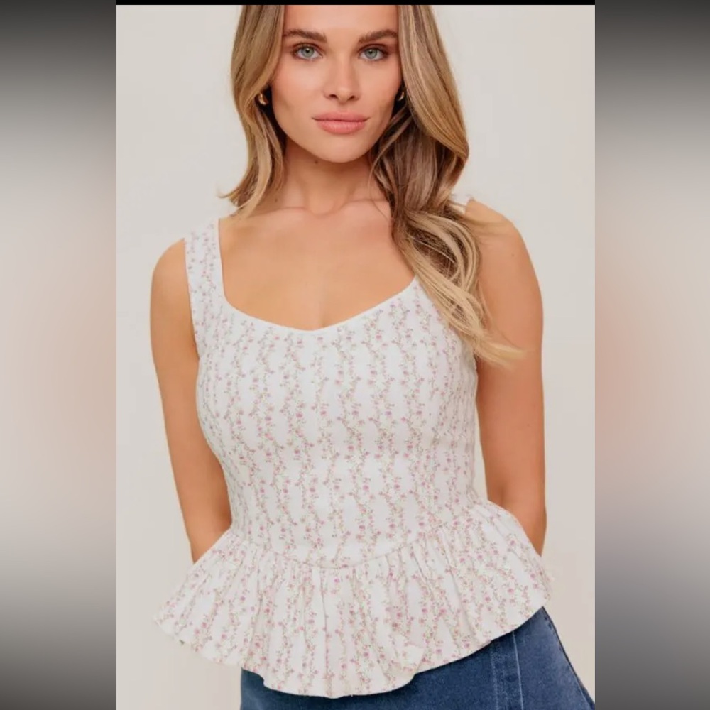 Flying Tomato White Tank Top with Pink Floral Print and Ruffle Hem